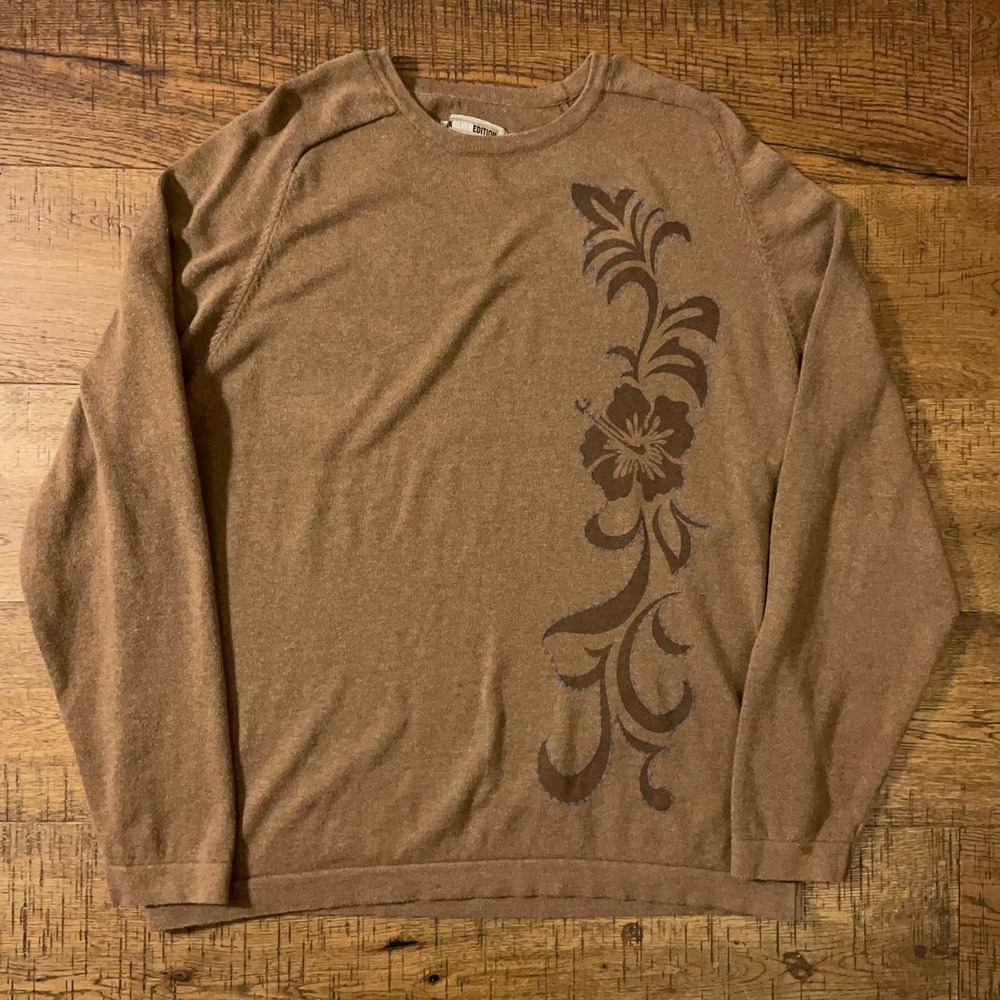 Quiksilver Sweater Mens L Brown Boho Surf Floral Cotton Knit Pullover US0706B